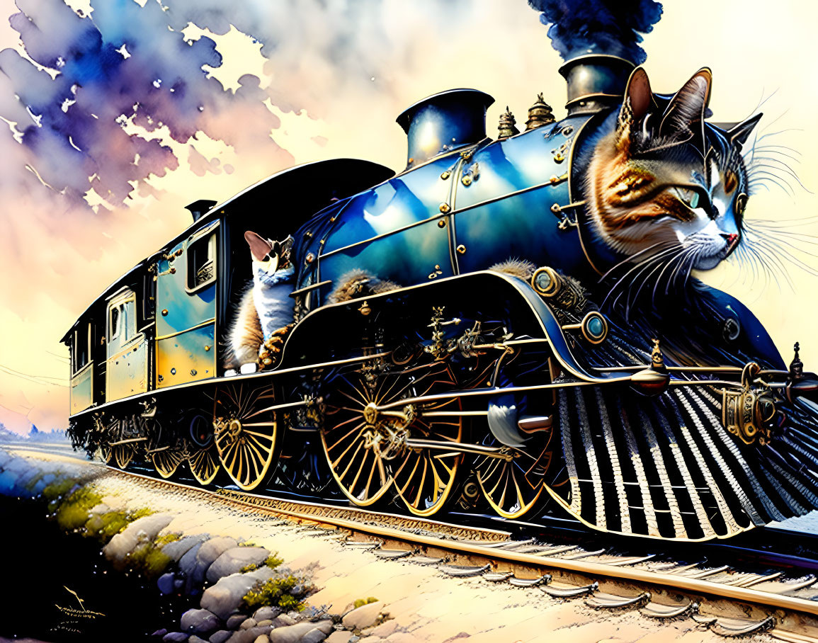 Vintage steam locomotive with cat-like front in cloudy sky