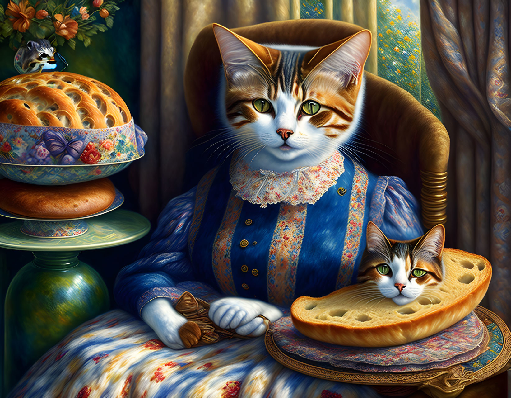 Anthropomorphic cats in vintage attire with pie and cake in cozy interior