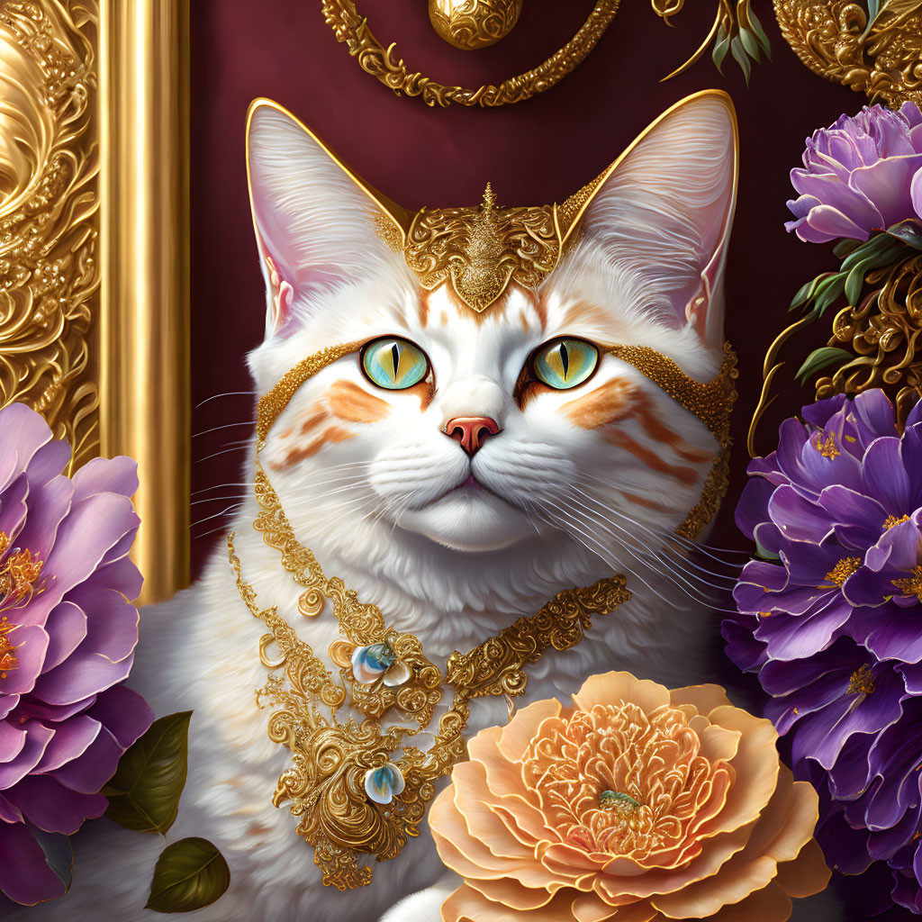 Adorned cat with golden jewelry in floral setting on burgundy background