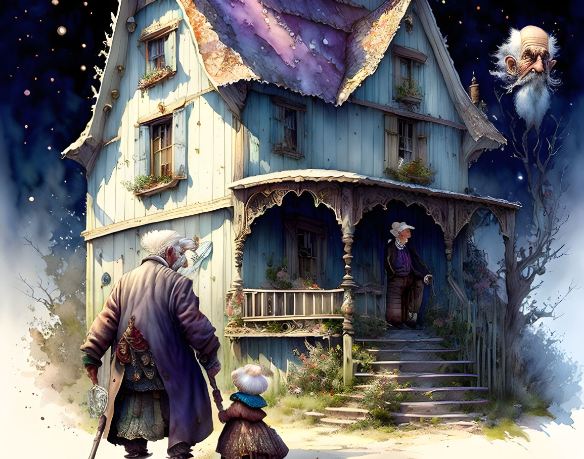 Illustrated magical cottage with whimsical characters under starry sky