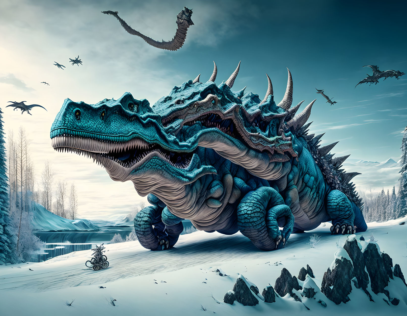 Turquoise dragon with horns in snowy landscape with human on bicycle.