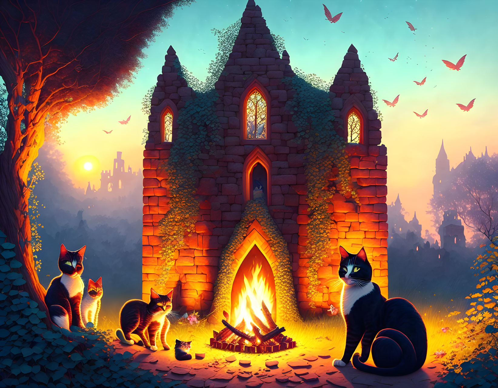 Cats by campfire near ruined tower at sunset