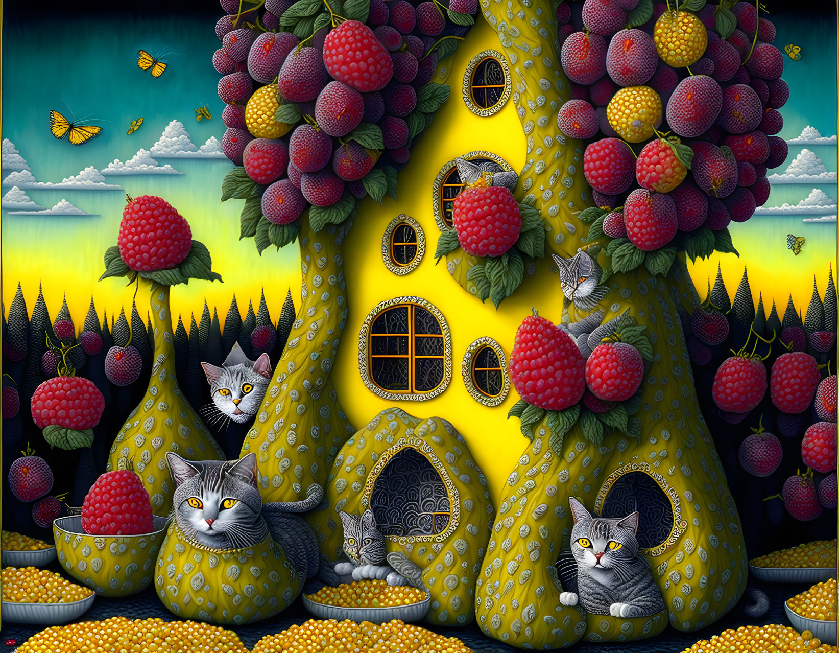 Whimsical gray cats in surreal yellow house-tree landscape