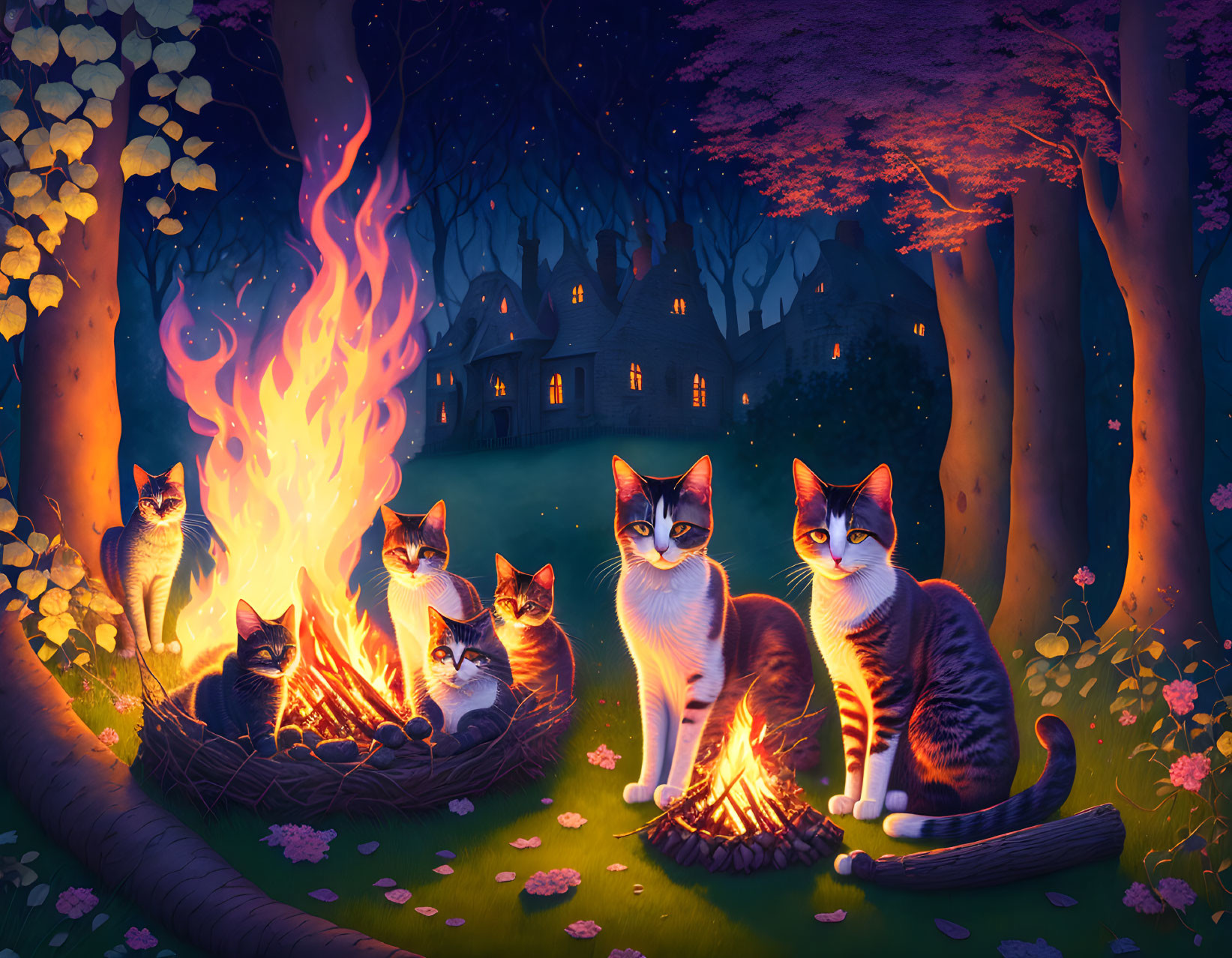 Illustration: Cats by bonfire in mystical forest at twilight