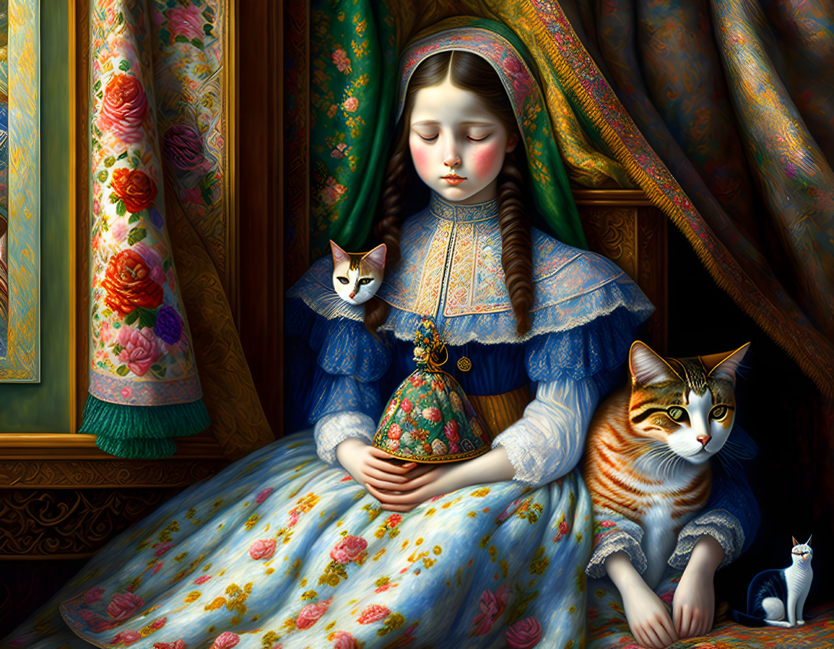 Girl in floral dress with two cats in ornate setting