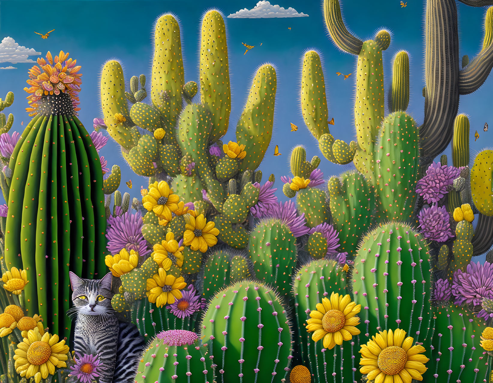 Colorful cacti with yellow and purple flowers, birds, and a cat in a vibrant illustration