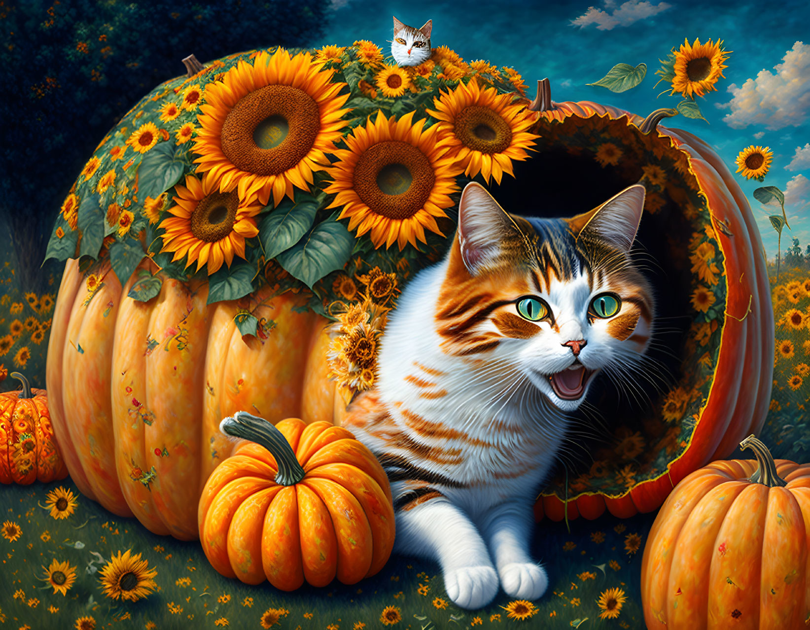 Colorful Tabby Cat with Pumpkins and Sunflowers in Artwork