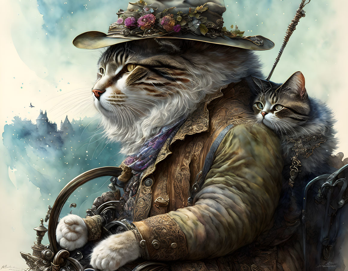 Anthropomorphic cat in vintage attire captains ship with smaller feline companion.