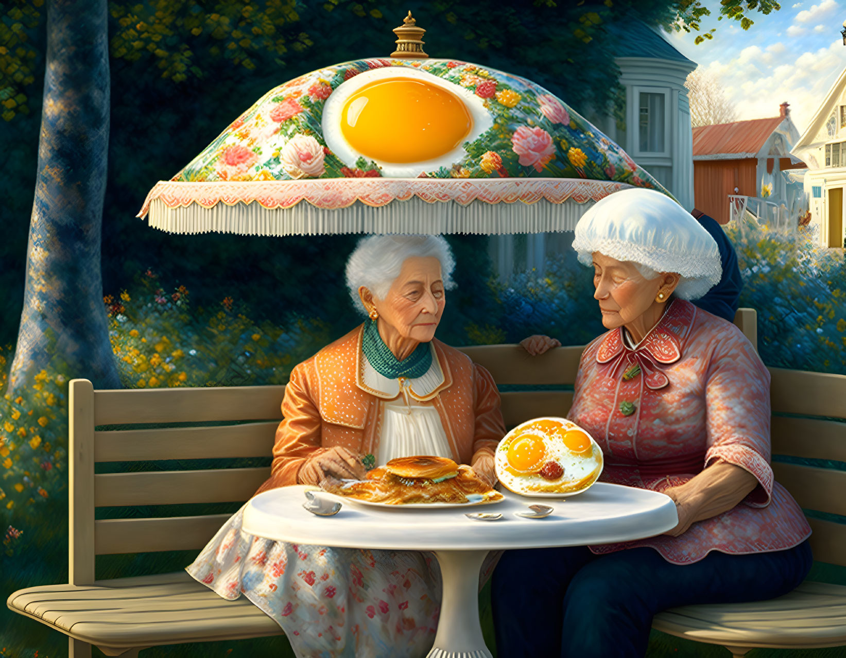 Elderly ladies at table with sunny side up lampshade slicing pancakes