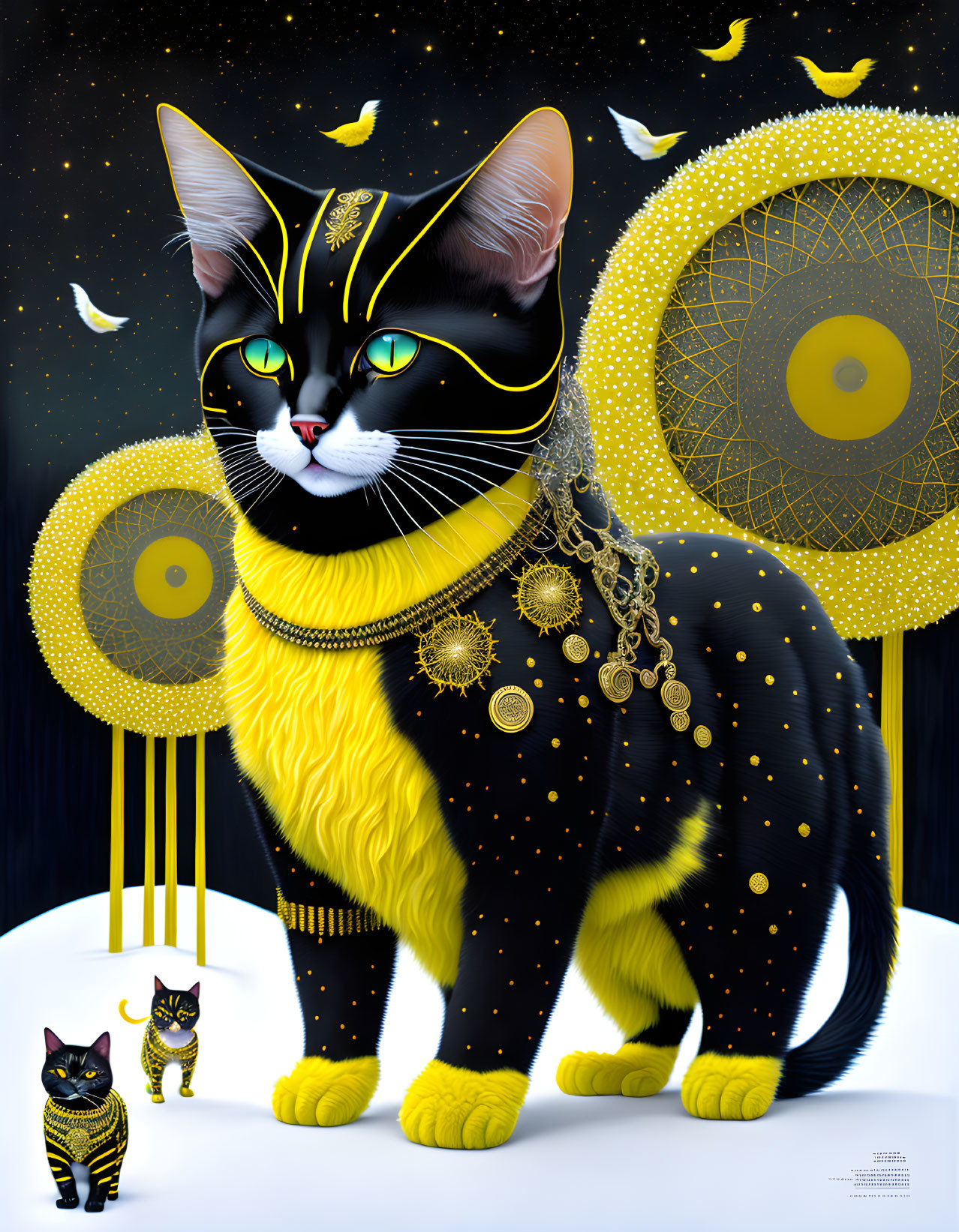 Detailed black cat illustration with golden accents and celestial elements on starry backdrop