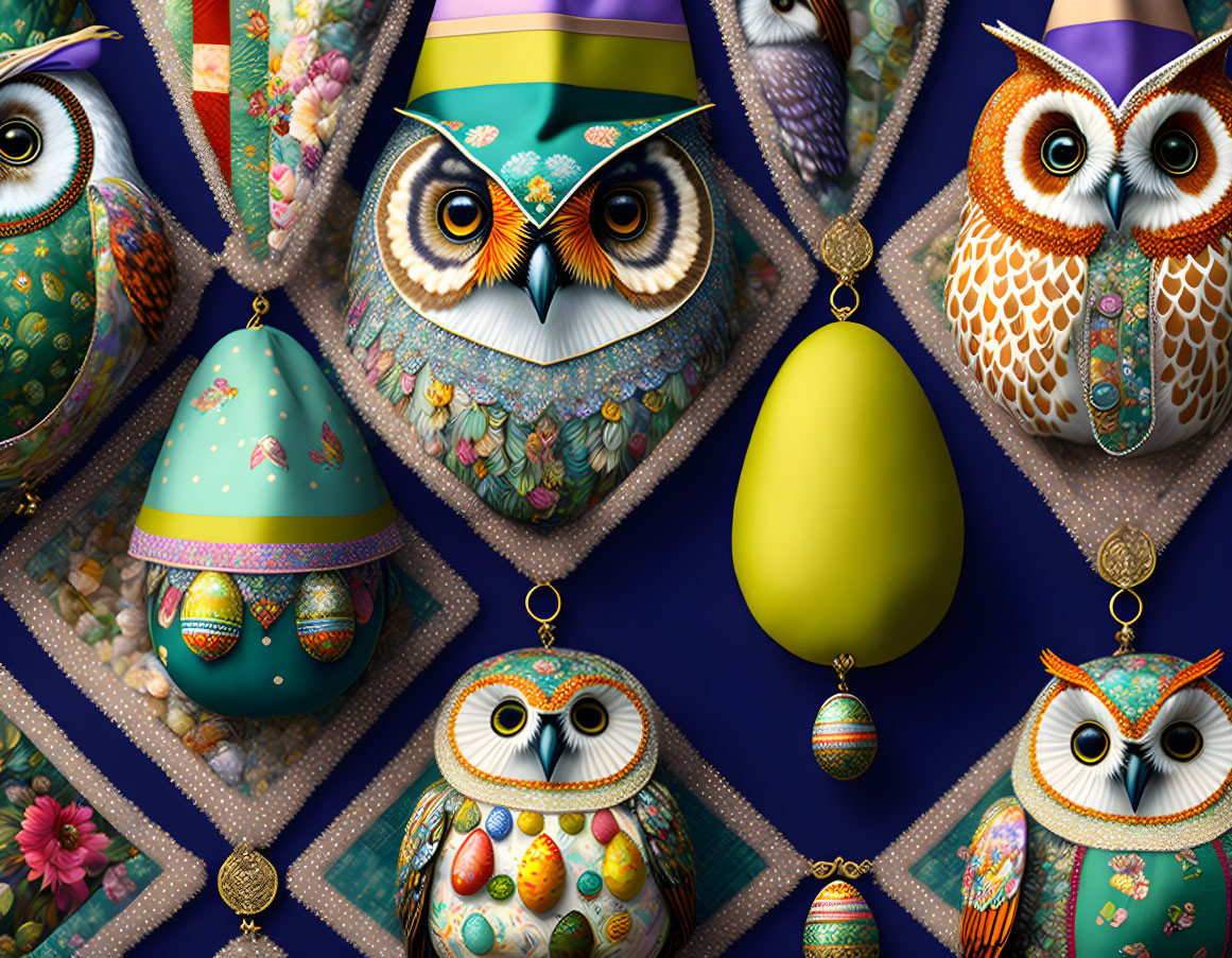 Colorful Owl Art with Eggs and Pillows on Blue Background