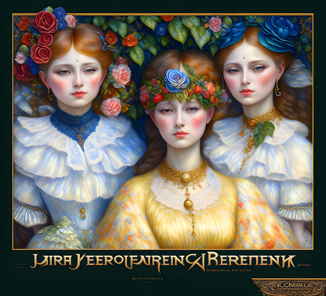 Illustration of three women in floral headdresses and yellow ruffled collars with Cyrillic text.