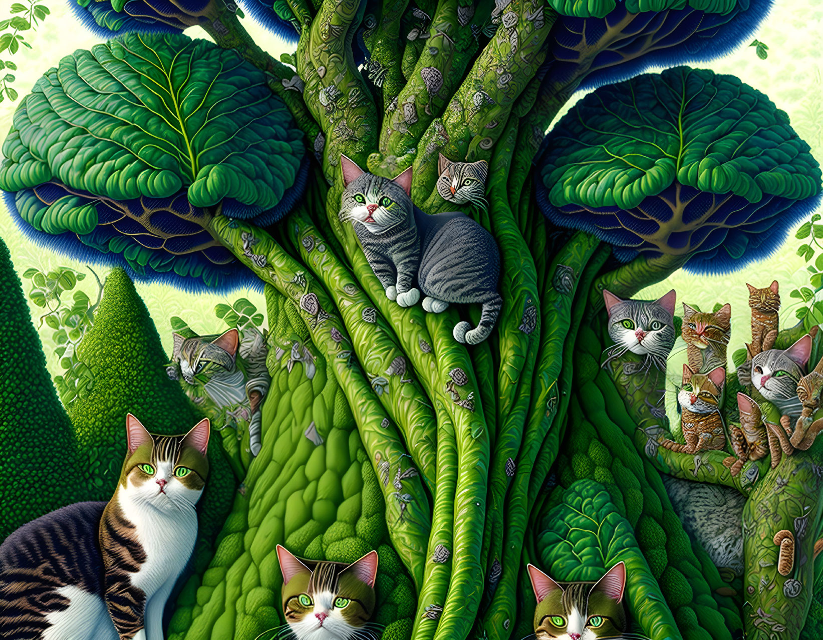 Whimsical illustration: Cats blending with vibrant foliage