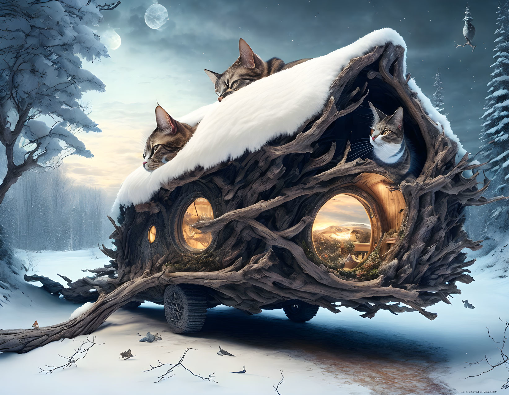 Whimsical wooden vehicle with three cats in snowy landscape