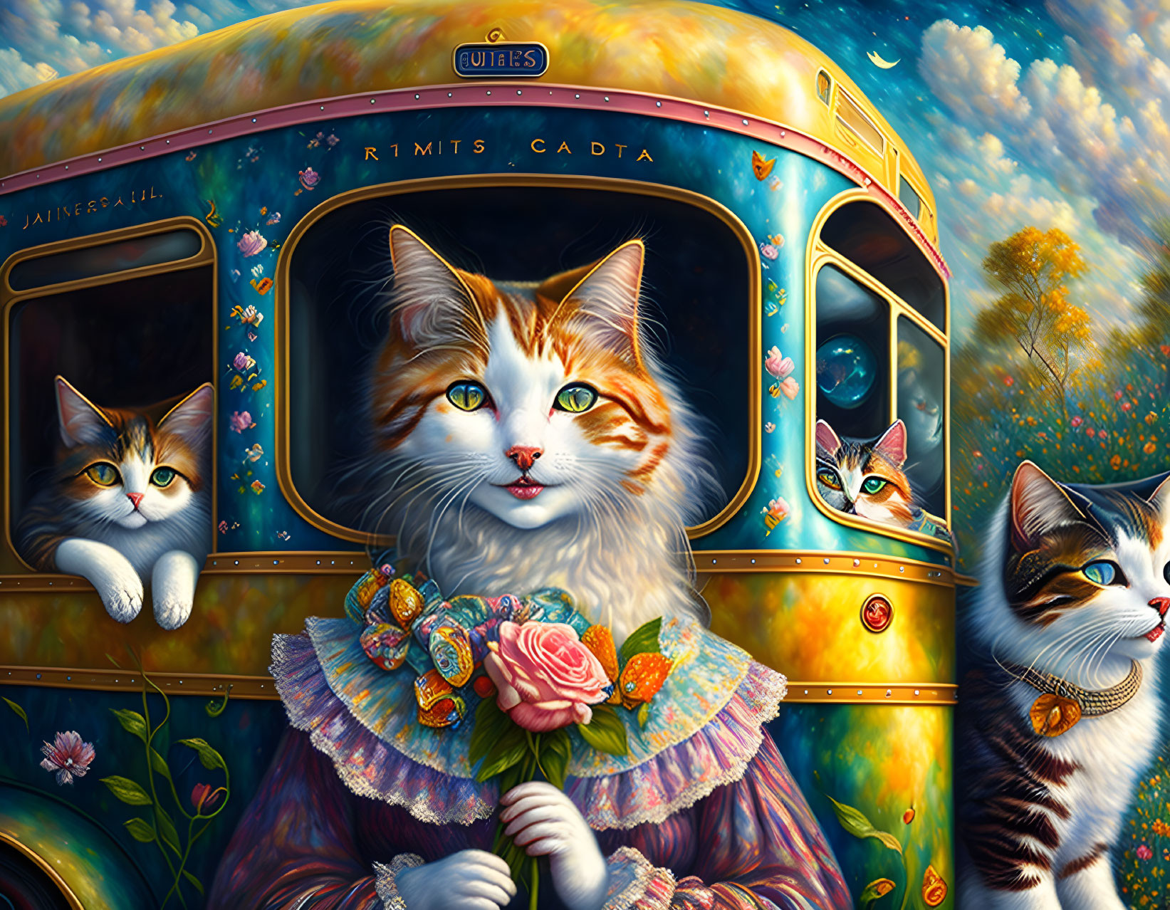 Surreal artwork: bus with cat face windows & elegantly dressed cat