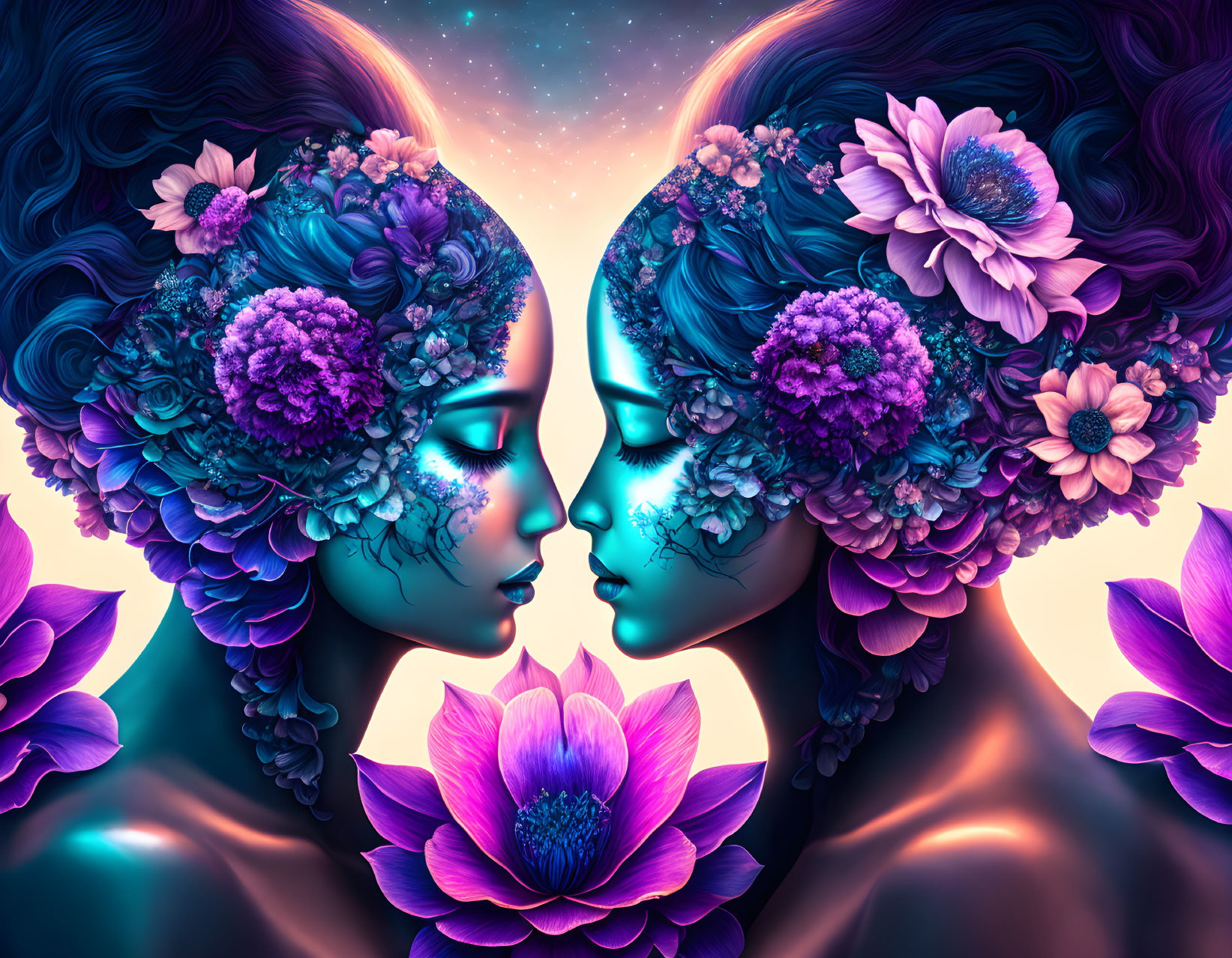 Symmetrical vibrant fantasy female figures with floral adornments on blue skin in cosmic setting