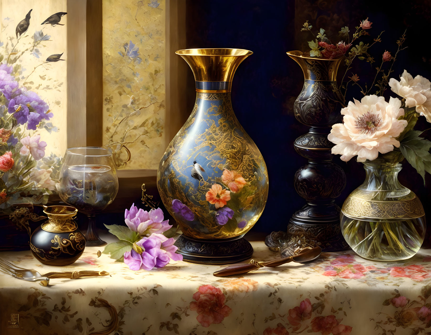 Ornate vase, flowers, glass bowl, pot, and writing utensils on table