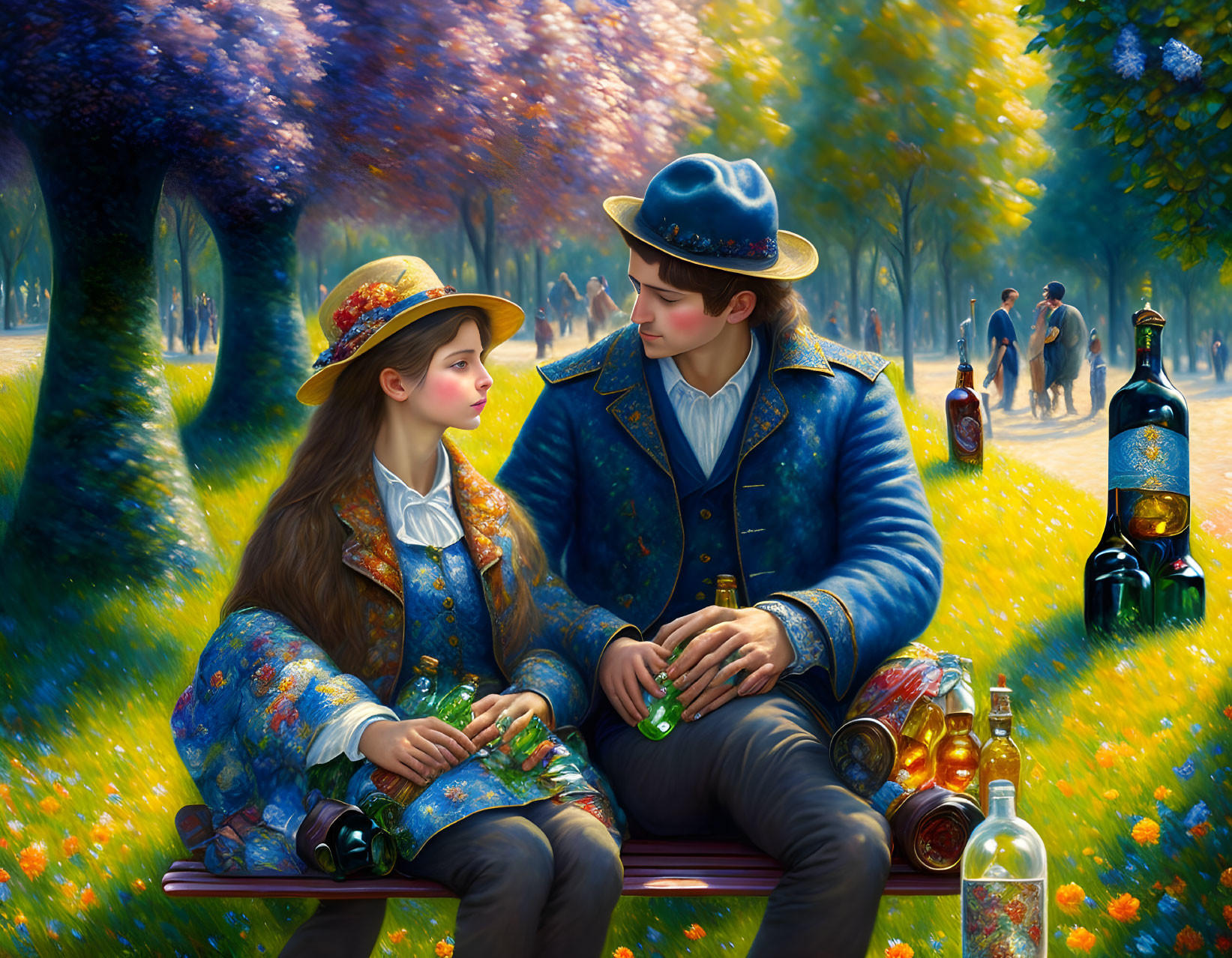 Traditional Bavarian couple enjoying beer and pretzels in vibrant park setting