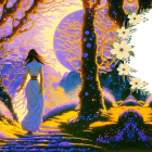 Woman in white dress in vibrant fantasy forest with moon and shrine