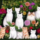 Intricate Paper Art: White Cats & Vibrant Flowers on Dark Background