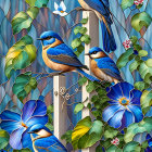 Vibrant bluebirds on branches with blooming blue flowers in stained glass effect