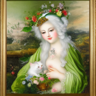 Portrait of fair-skinned woman with floral wreath, white cat, butterflies, and greenery.