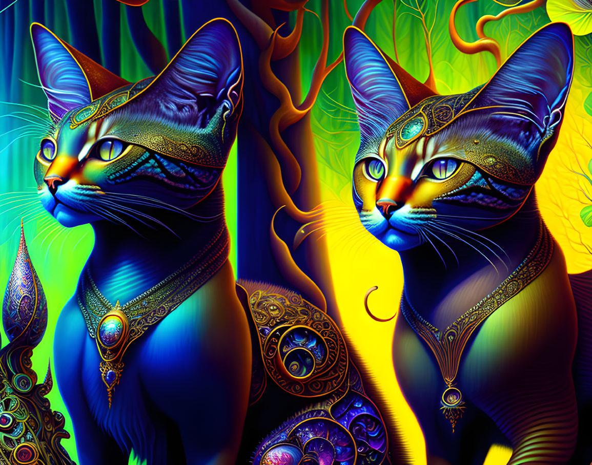 Colorful Stylized Cats with Jewelry on Psychedelic Background