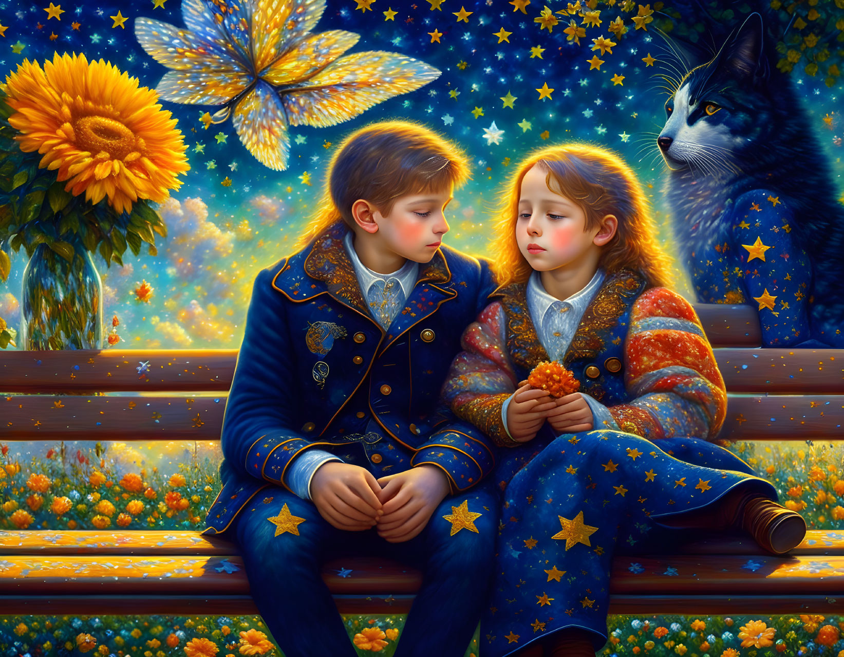 Children in star-patterned clothes with sunflower, butterfly, and cat on bench in starry setting