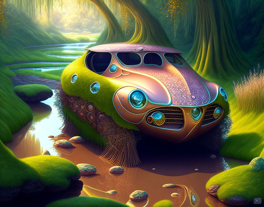 Futuristic beetle-shaped vehicle in lush forest with river