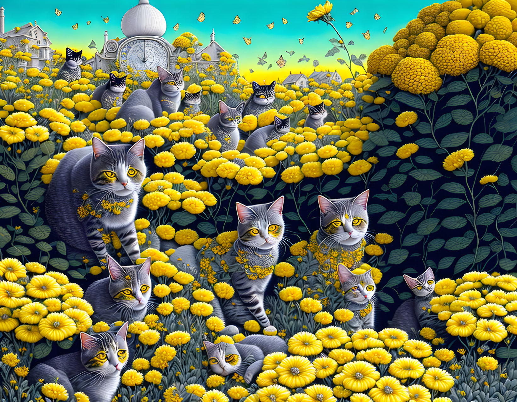 Illustration of grey striped cats in yellow marigold field with butterflies