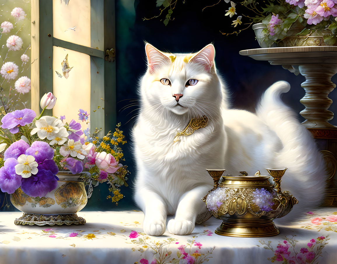 White Cat with Golden Necklace Beside Oil Lamp and Flowers