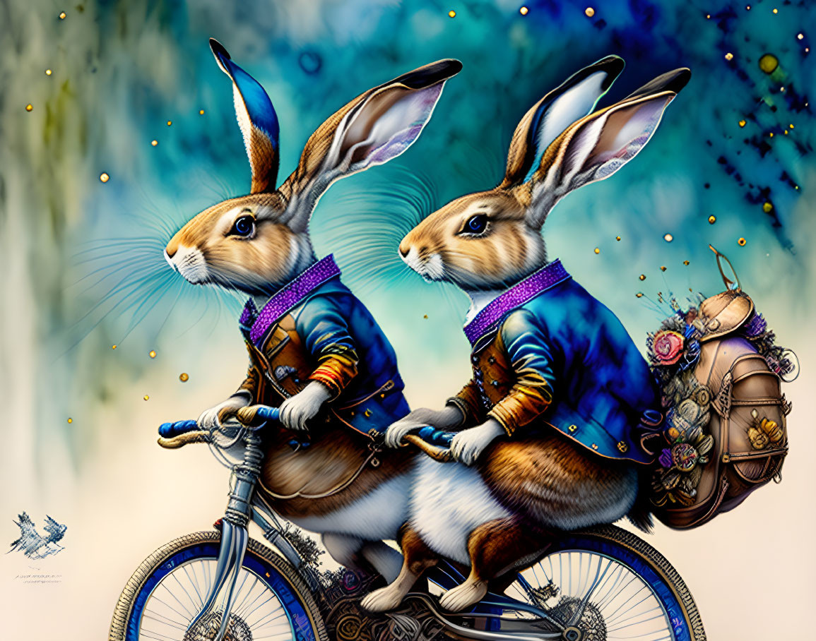 Anthropomorphic rabbits on tandem bicycle with bird in colorful background