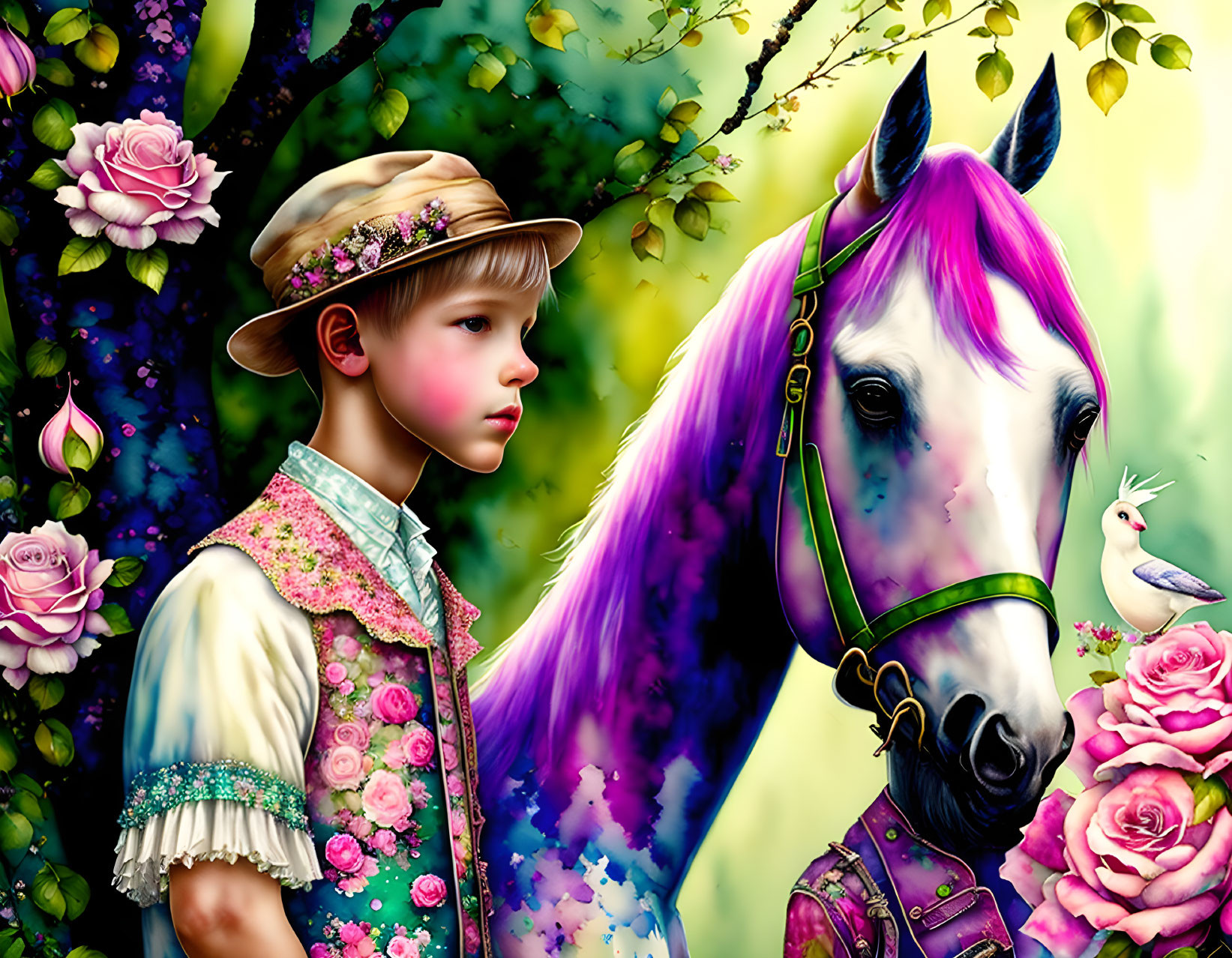 Vintage-dressed boy with colorful horse and bird in nature scene