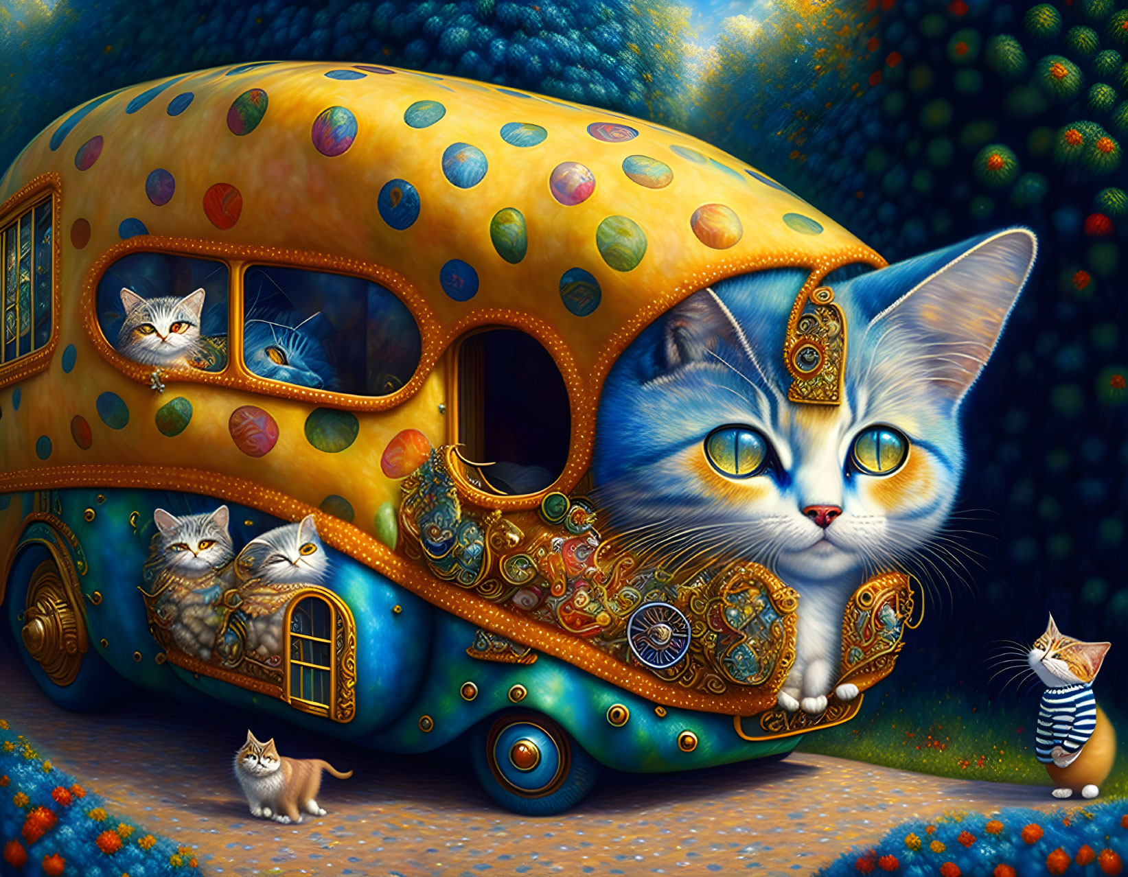 Illustration of cat-themed bus with cats in vibrant landscape