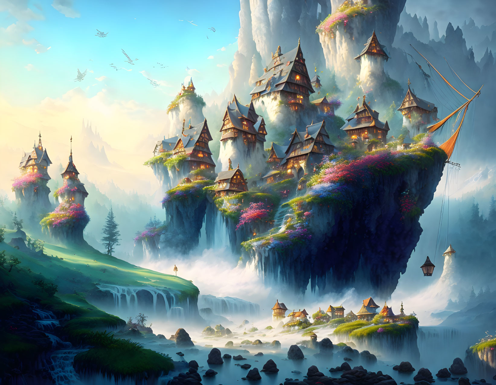 Fantasy landscape: floating island village, waterfalls, mountains, flying creatures