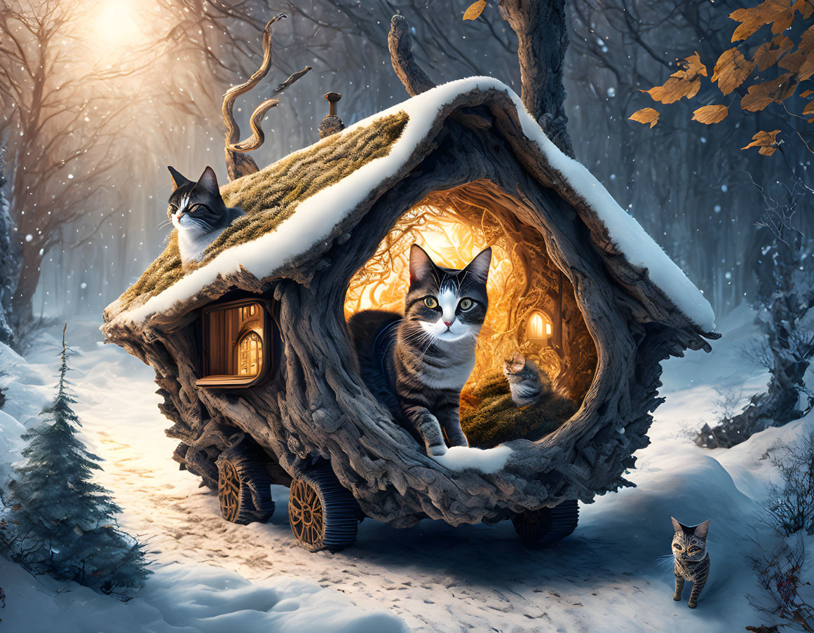 Illustration of cats in log mobile home in snowy forest