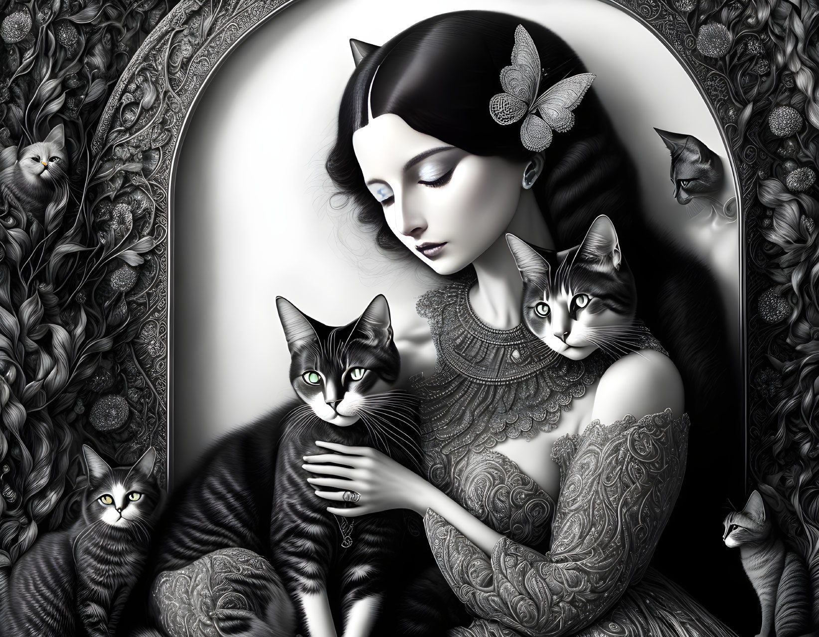 Monochrome artwork featuring woman with cats, butterfly, and ornate mirror