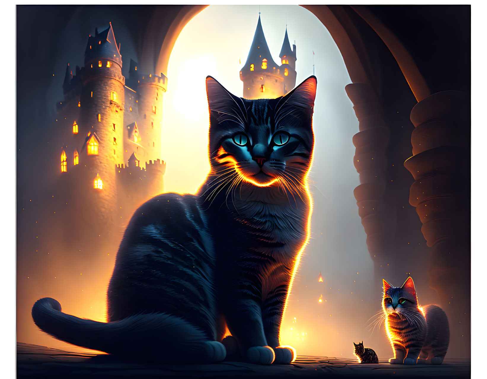 Two cats in front of fantasy castle at dusk