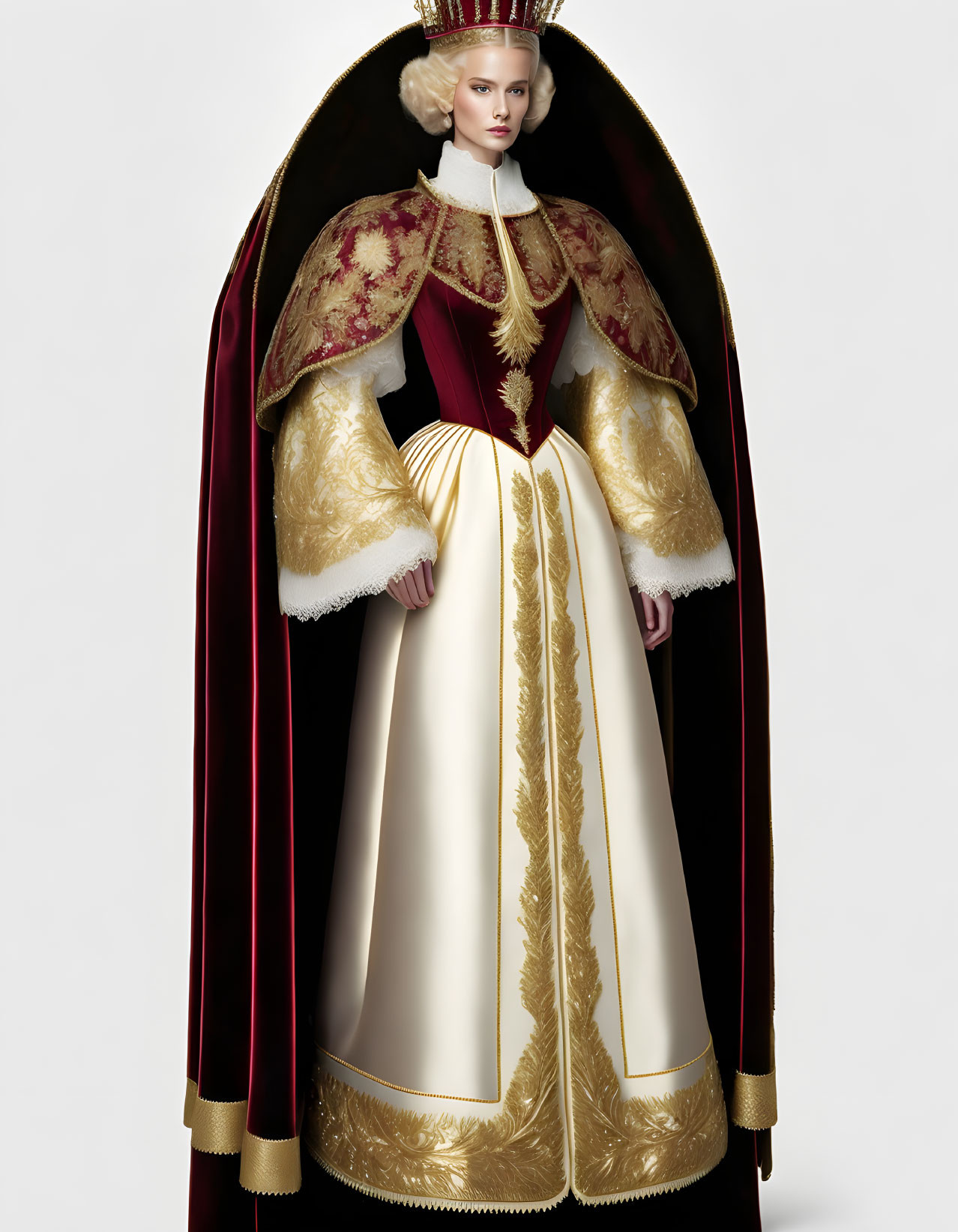 Regal figure in ornate costume with velvet cape and golden embroidery