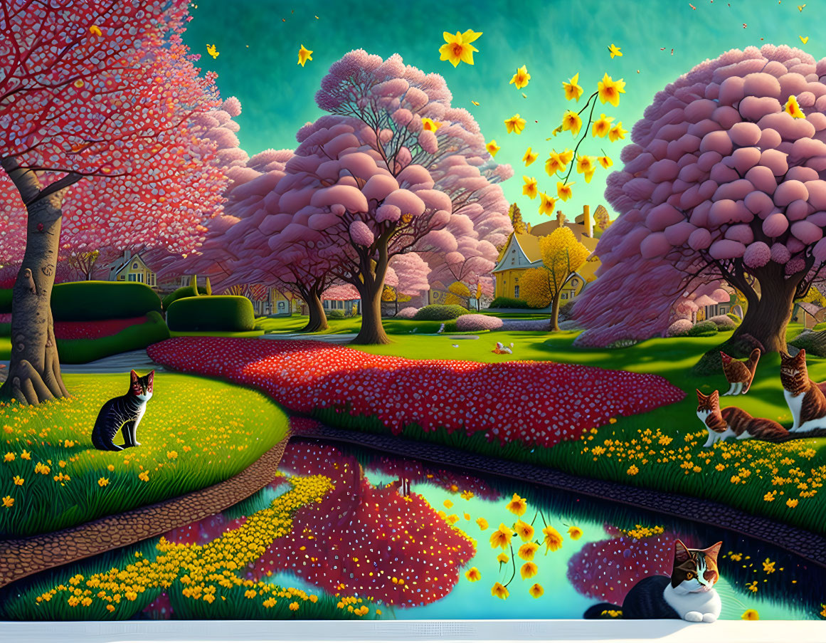 Colorful Cherry Blossom Trees & Cats in Whimsical Night Scene