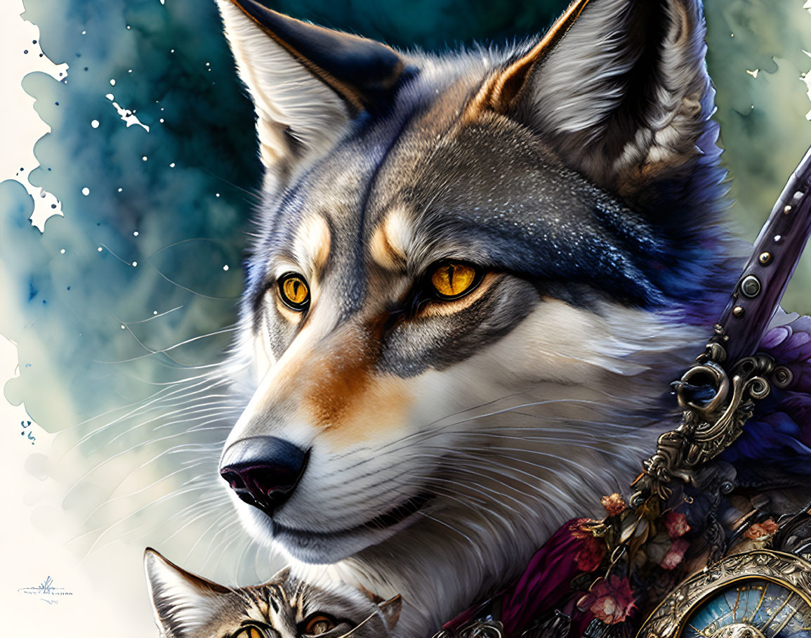 Detailed Wolf Illustration with Ornate Armor and Yellow Eyes