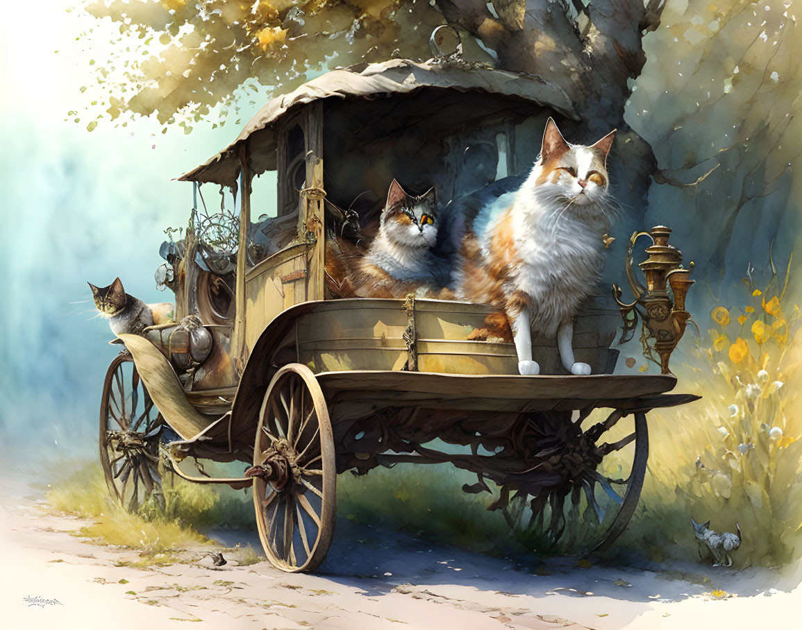 Three cats on wooden cart in sunlit vintage setting