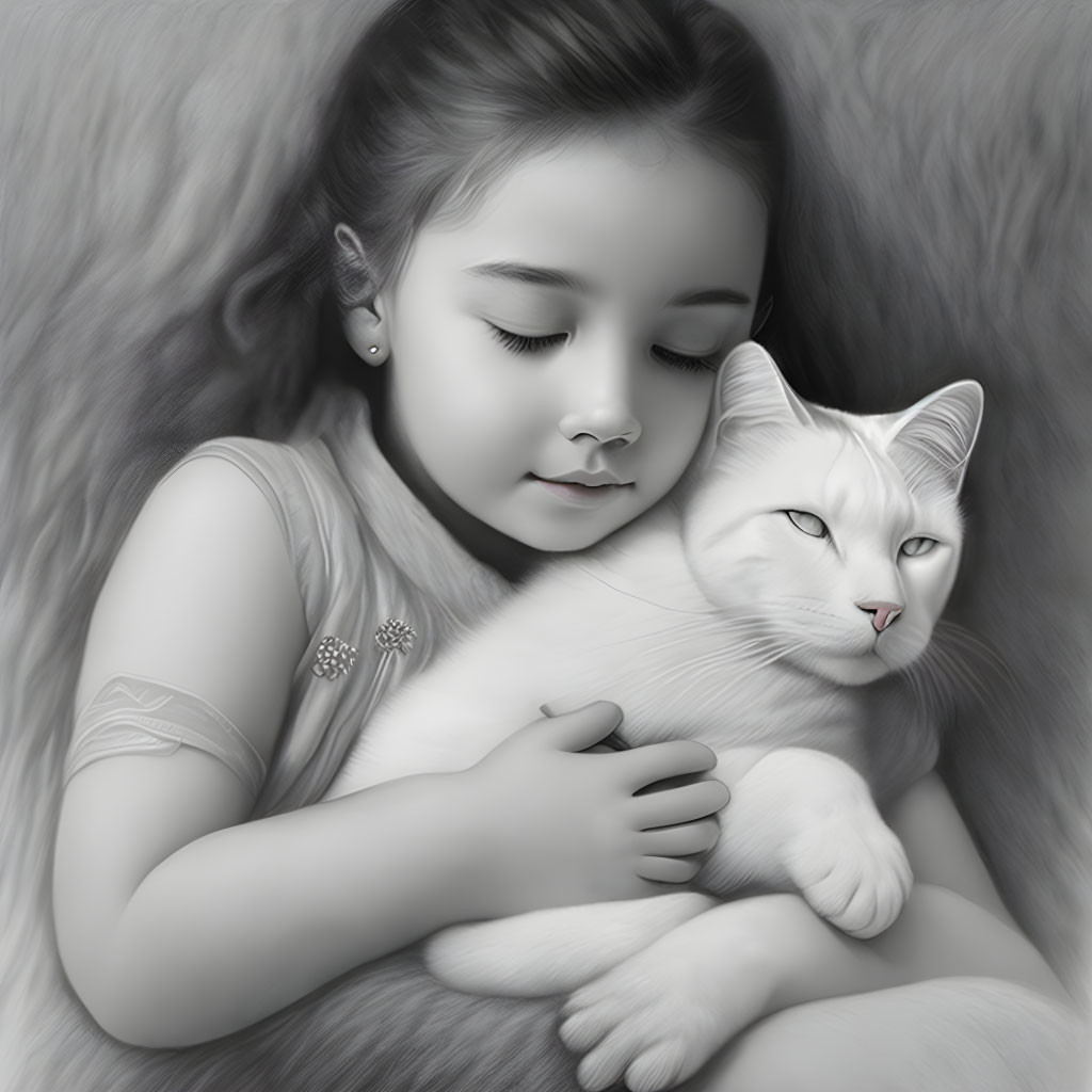 Monochrome image: Young girl with white cat, serene embrace