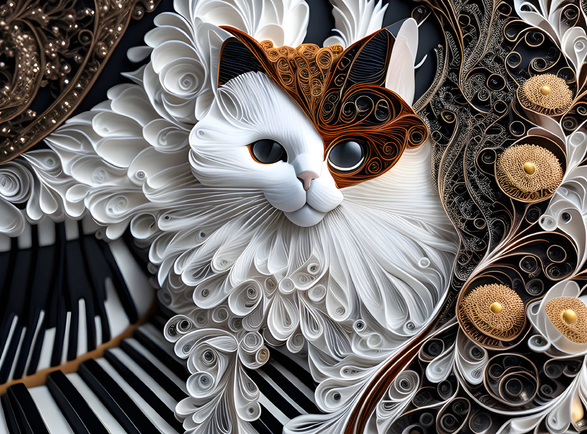 Detailed Cat Face Artwork with White and Brown Paper Quilling Techniques