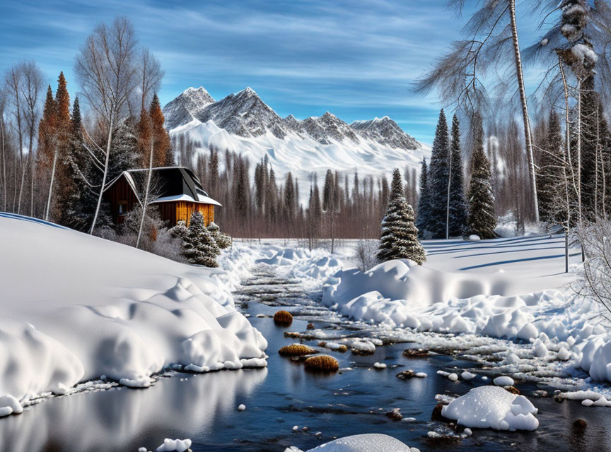 Snowy Cabin by Stream in Winter Wonderland