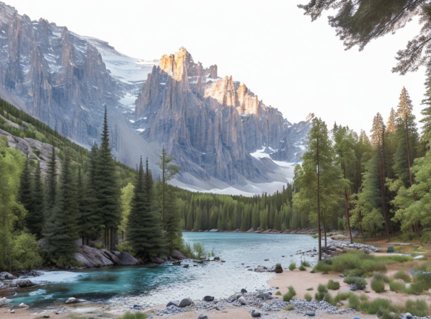 Scenic river flowing through forest to sunlit mountains