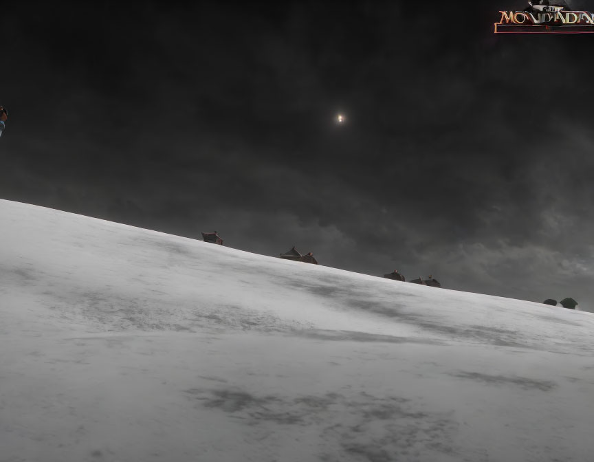 Dark Clouds Over Gloomy Snowscape with Distant Buildings