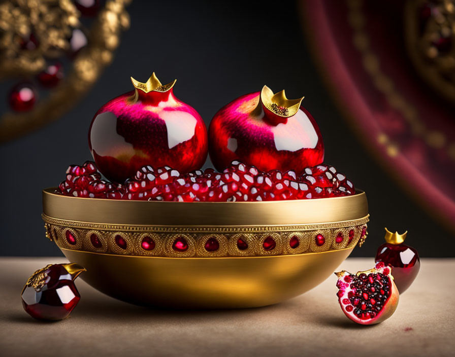 Golden bowl with gem-adorned pomegranates on dark table