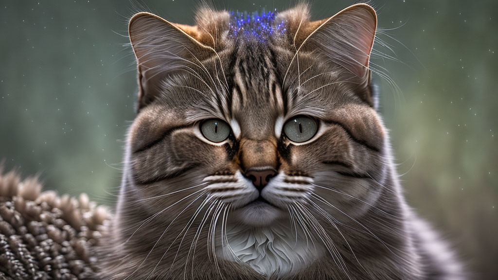 Brown Tabby Cat with Green Eyes and Blue Sparkles on Head Against Soft Green Background