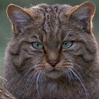 Brown Tabby Cat with Green Eyes and Blue Sparkles on Head Against Soft Green Background